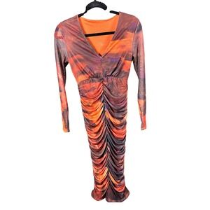 Y2K Sunset Mesh Ruched V-Neck Long Sleeve Bodycon Midi Dress Orange Brown Baddie